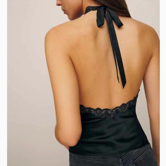 BEST Reformation Monica Silk Top Medium Black Noir Halter Lace Lux French - Picture 4 of 8